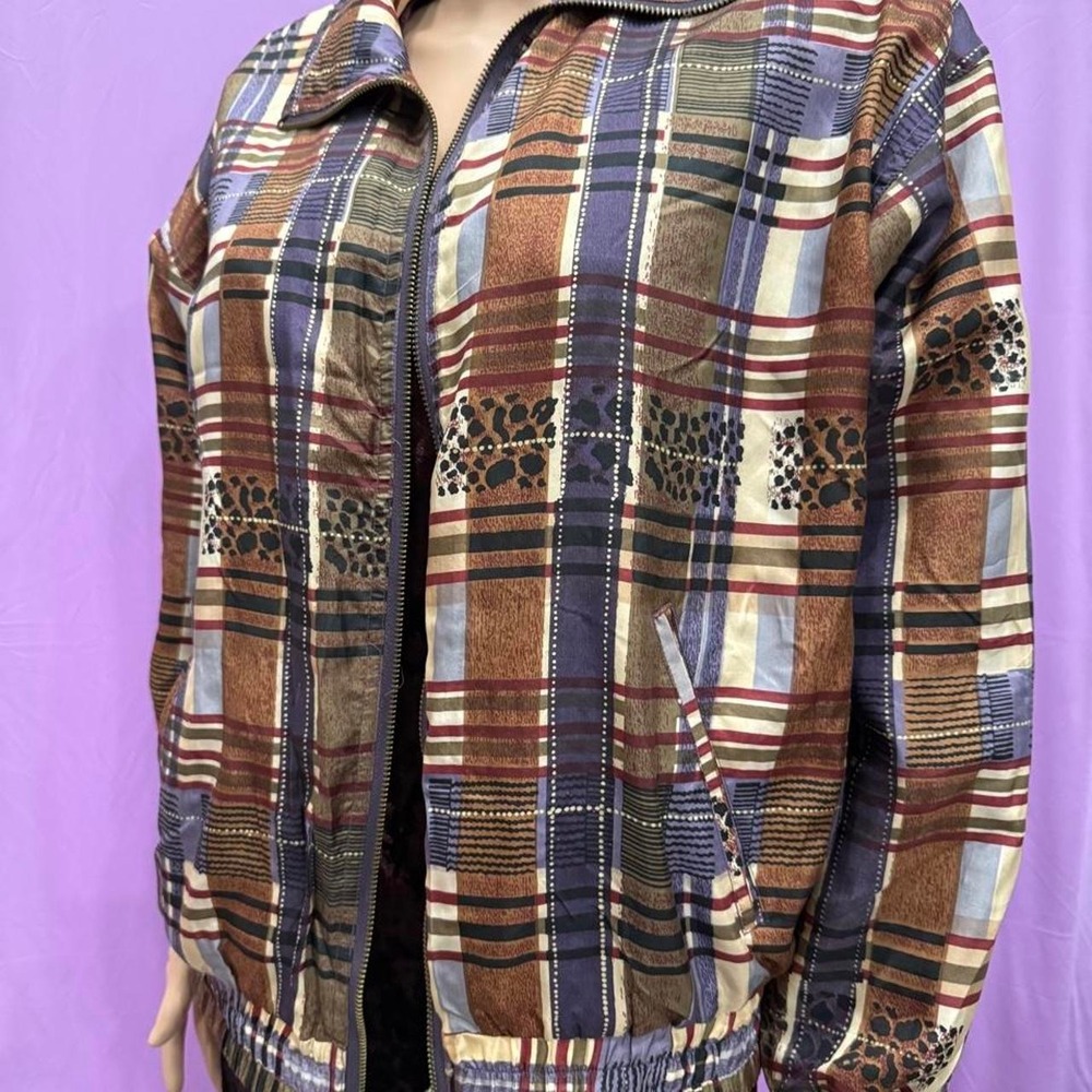 Abvien Vintage 100% Silk Bomber Jacket Plaid Leopard Print Brown Purple Small